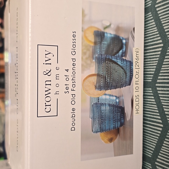 CROWN & IVY HOME BRAND SET OF 4 BLUE DOUBLE OLD FASHIONED 10 OZ DRINKING GLASSES - Picture 2 of 8